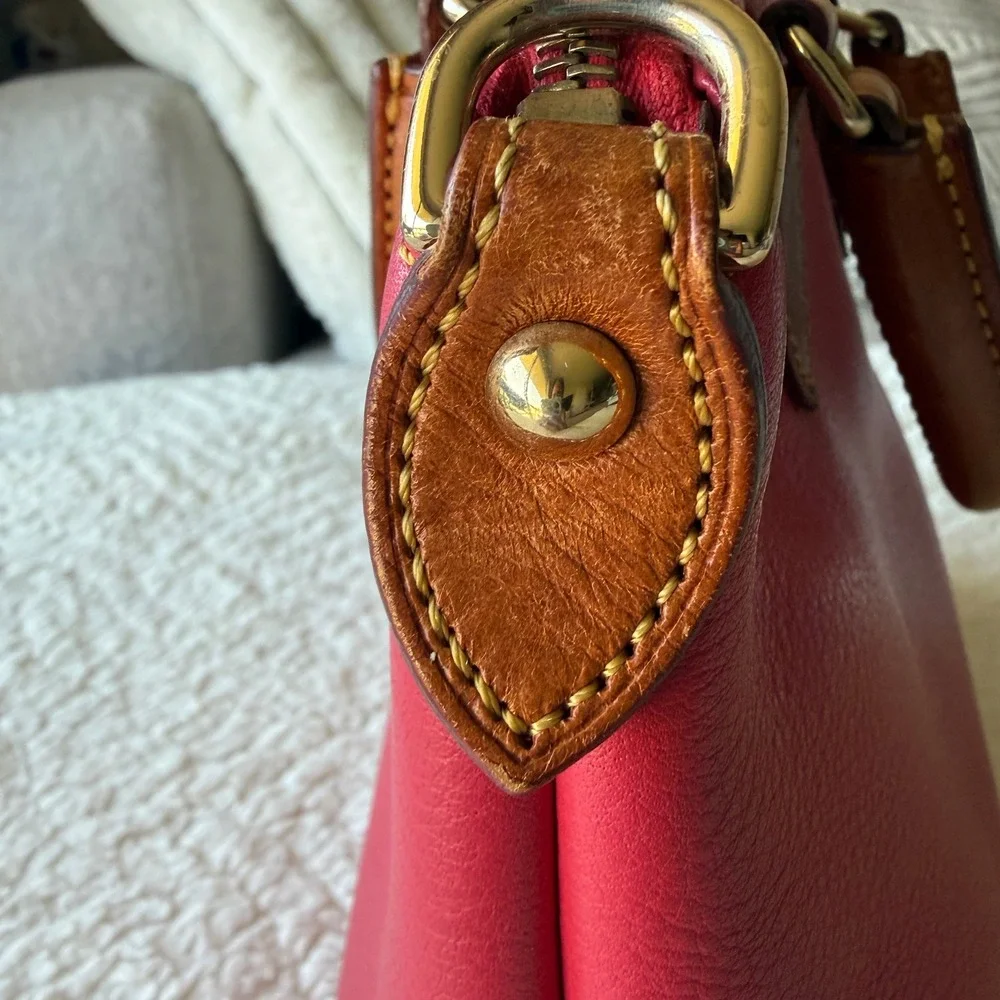Dooney & Bourke Pink Pebbled Leather Satchel Bag Brown Trim Gold Duck Logo